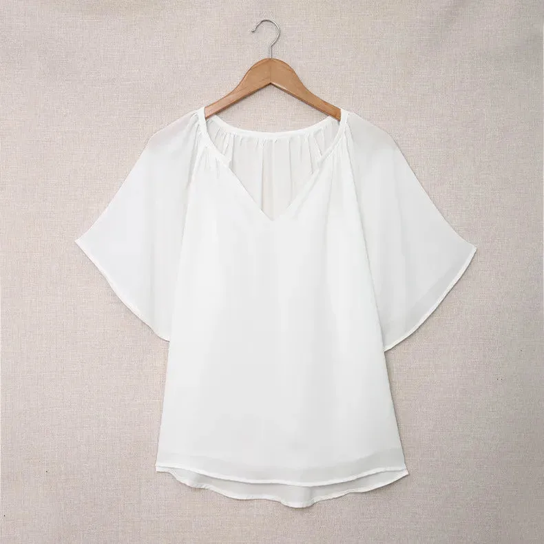 Women Casual Loose Solid Color V-Neck Pullover Ruffled Short Sleeve Blouses