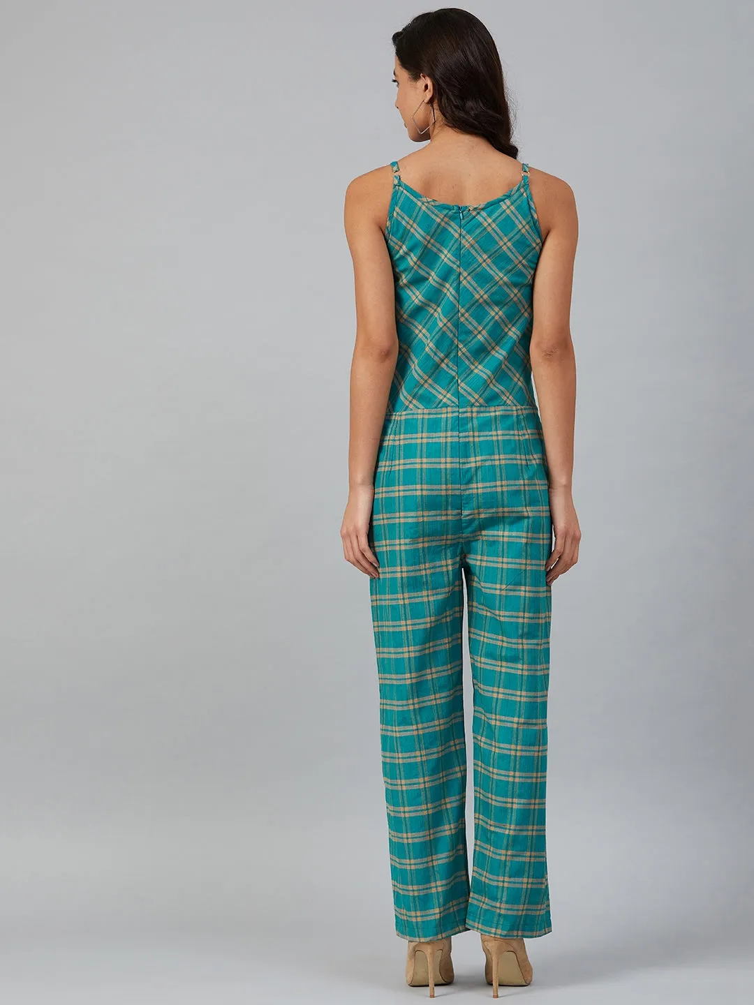 Women Green & Beige Checked Basic Jumpsuit