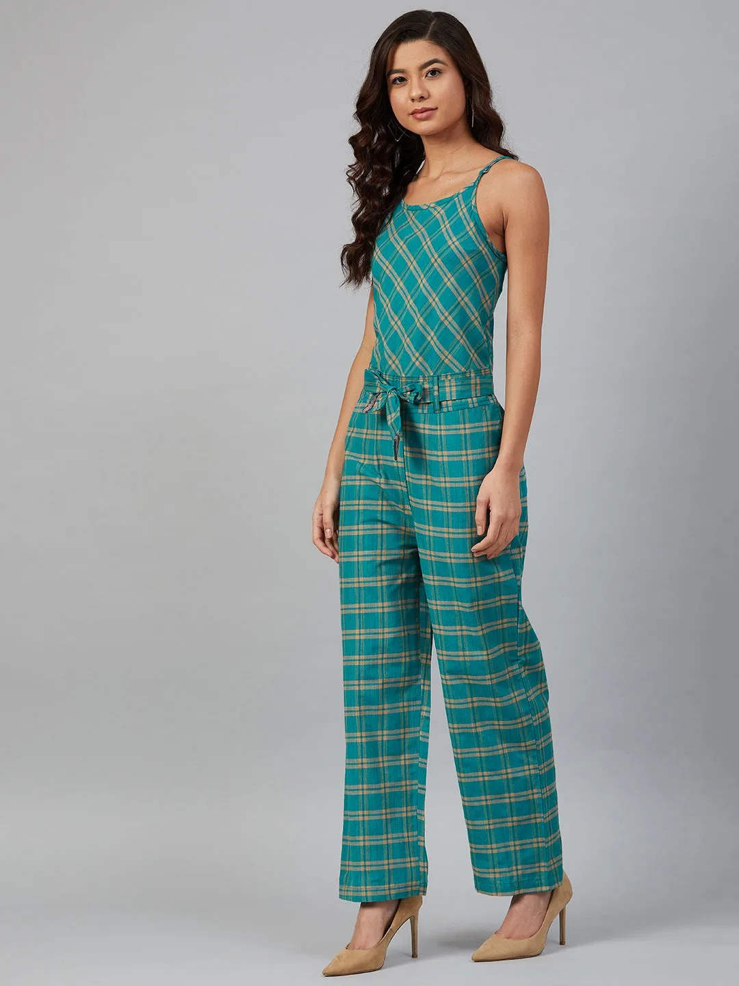 Women Green & Beige Checked Basic Jumpsuit