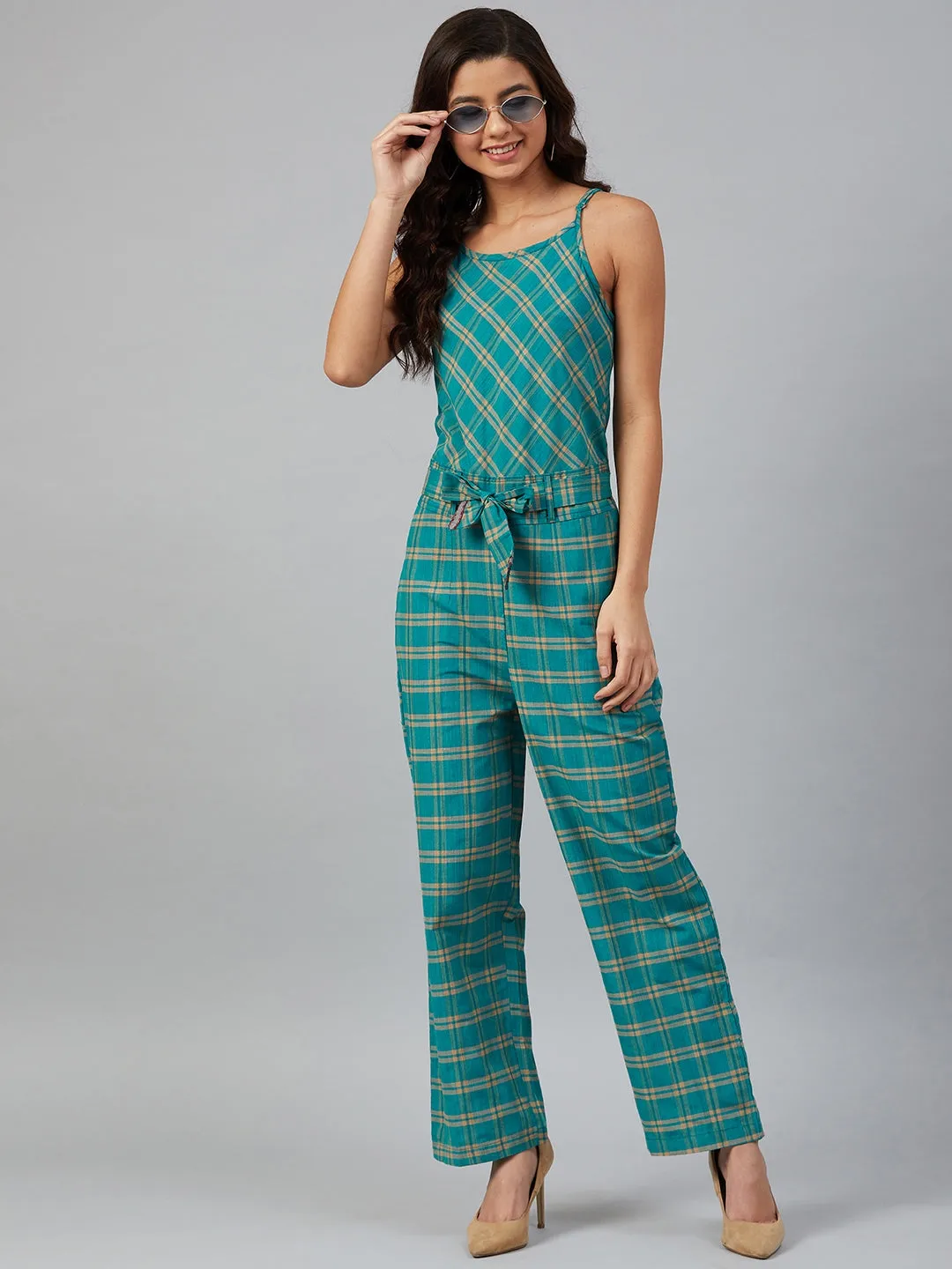 Women Green & Beige Checked Basic Jumpsuit