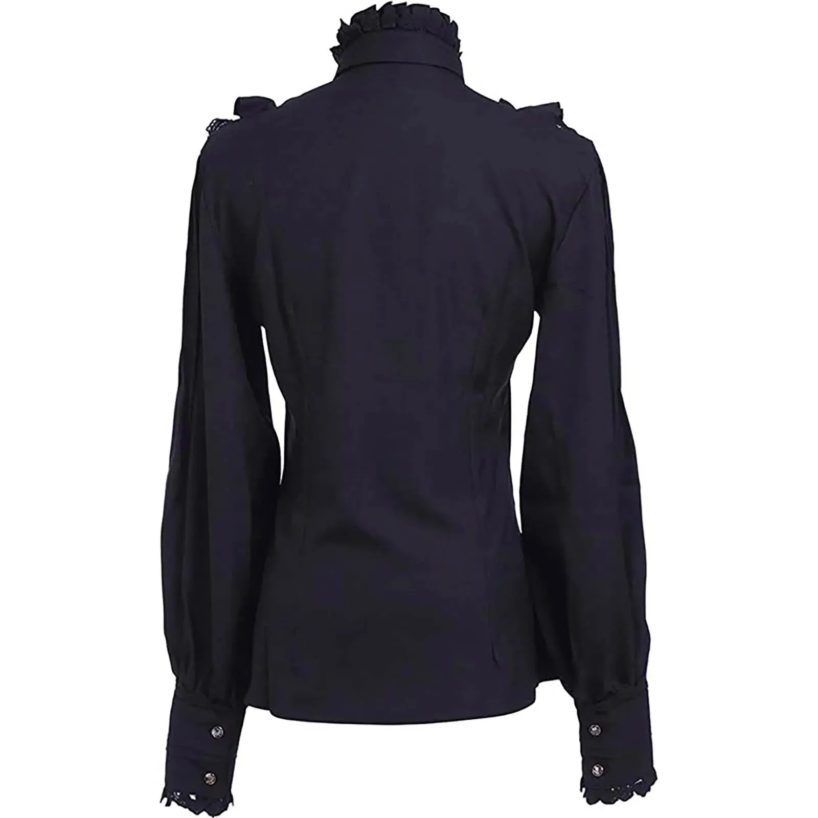 Women Medieval Gothic Blouses Retro Renaissance Long Sleeved Ruffled Blouses Tops Solid Button High Neck Victorian Shirts