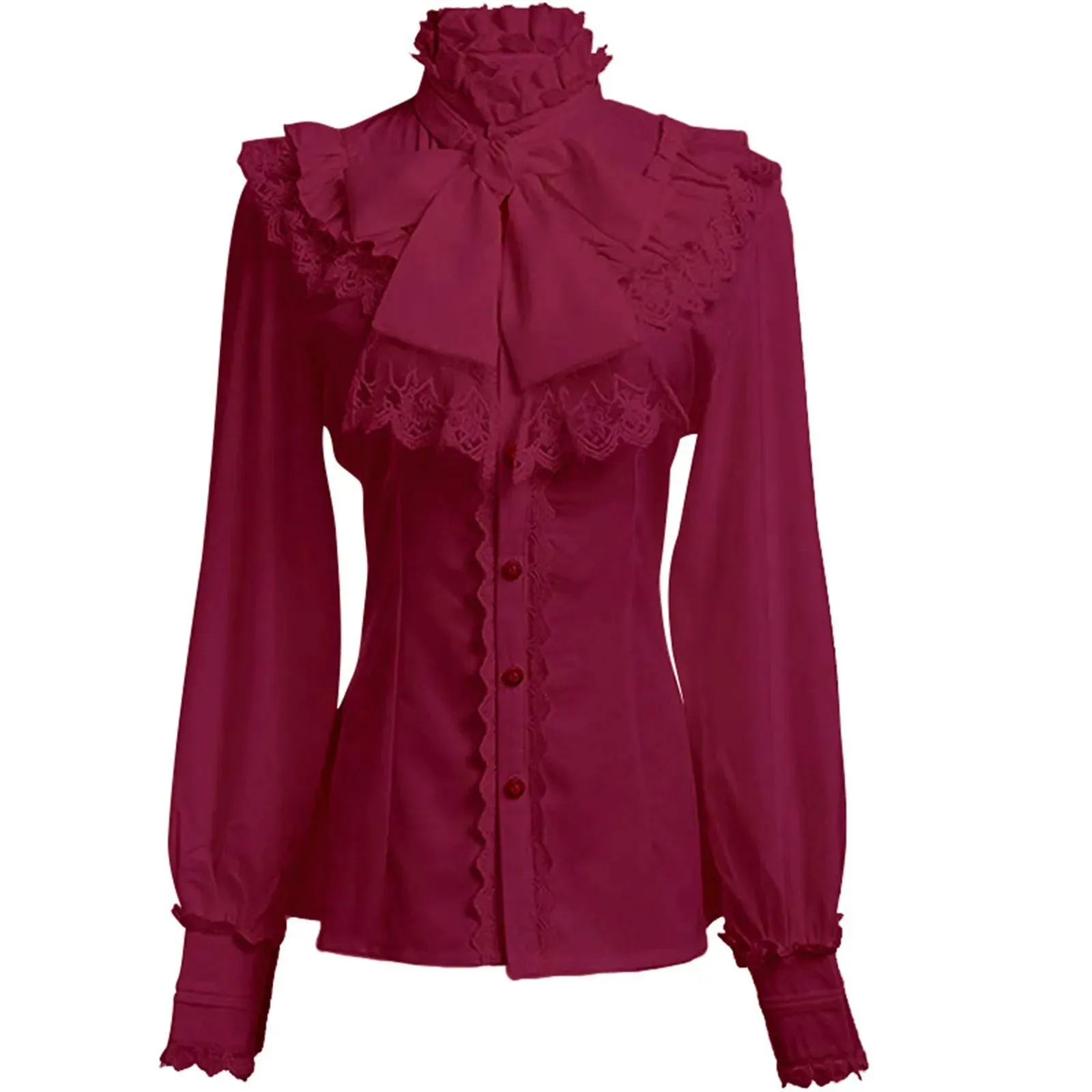 Women Medieval Gothic Blouses Retro Renaissance Long Sleeved Ruffled Blouses Tops Solid Button High Neck Victorian Shirts