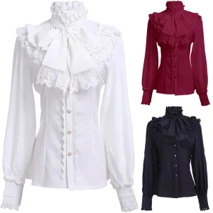 Women Medieval Gothic Blouses Retro Renaissance Long Sleeved Ruffled Blouses Tops Solid Button High Neck Victorian Shirts