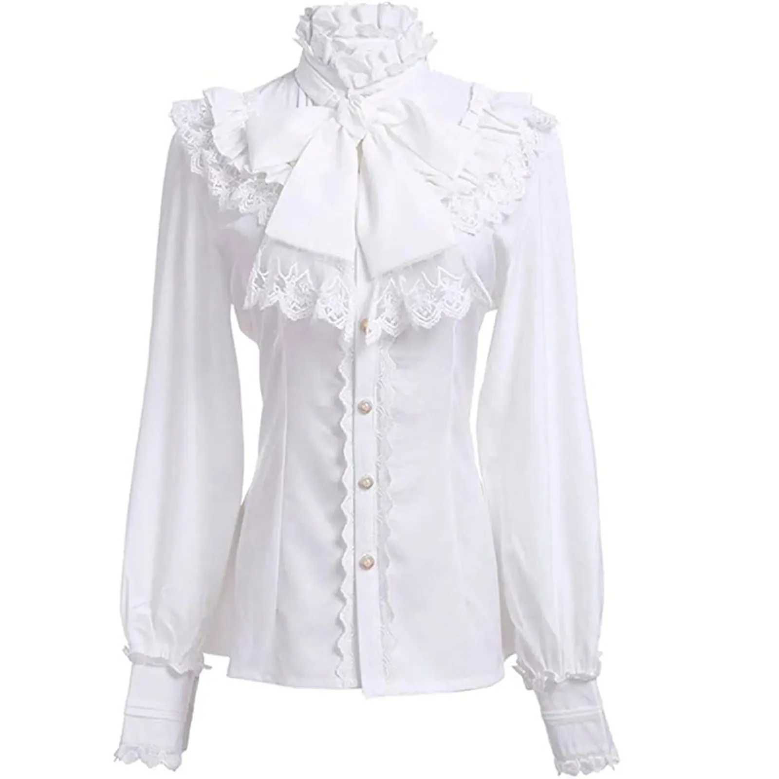 Women Medieval Gothic Blouses Retro Renaissance Long Sleeved Ruffled Blouses Tops Solid Button High Neck Victorian Shirts