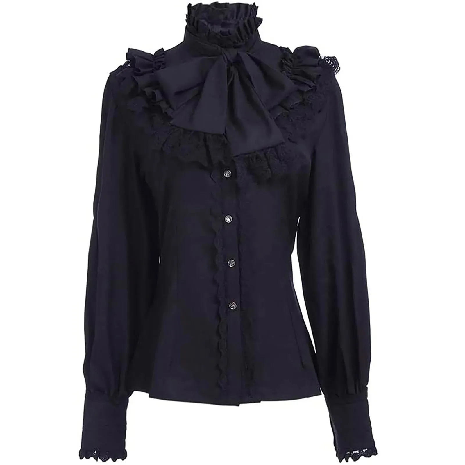 Women Medieval Gothic Blouses Retro Renaissance Long Sleeved Ruffled Blouses Tops Solid Button High Neck Victorian Shirts