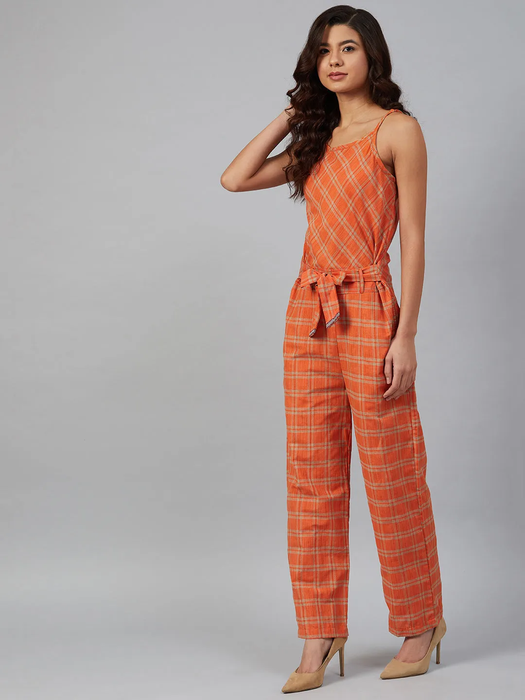 Women Orange & Beige Checked Basic Jumpsuit