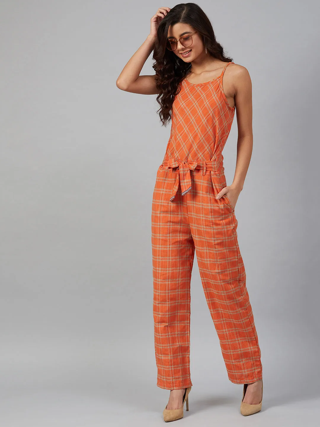 Women Orange & Beige Checked Basic Jumpsuit