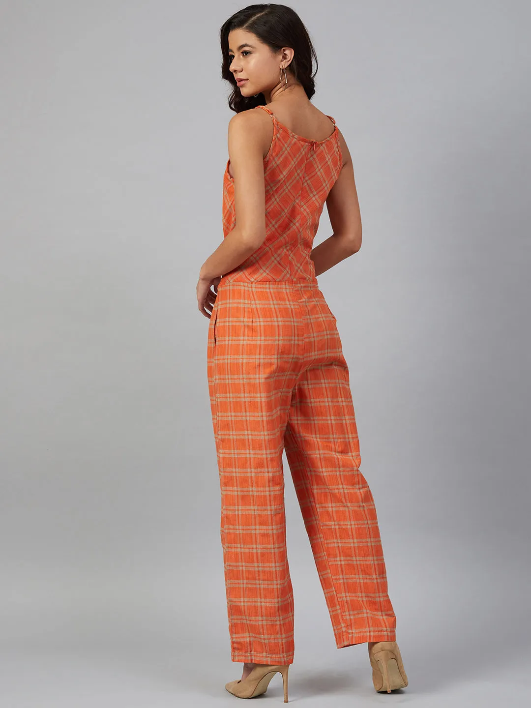 Women Orange & Beige Checked Basic Jumpsuit