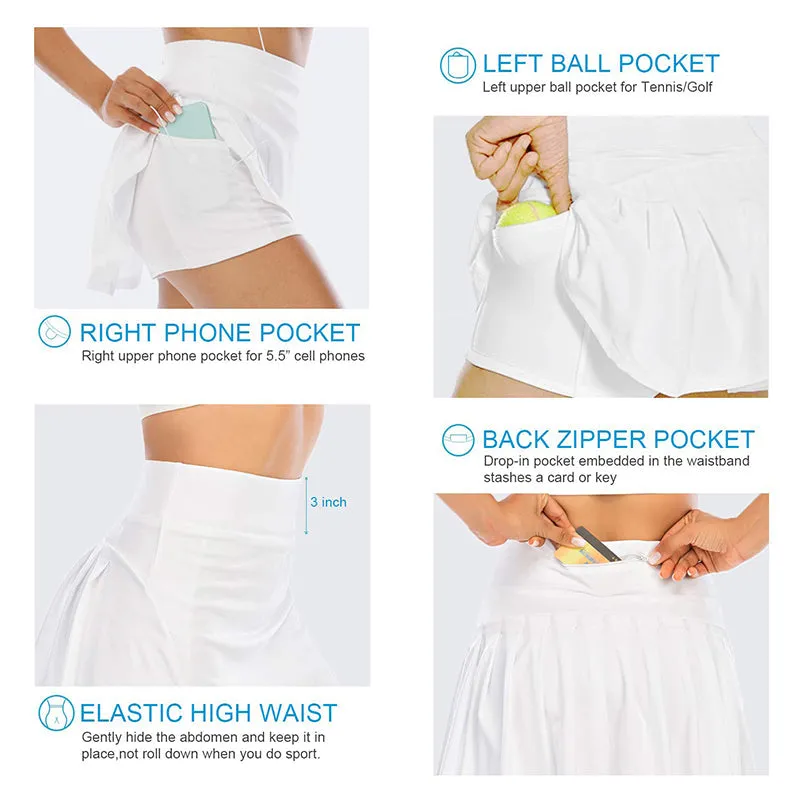 Women Pleated Flare Tennis Skorts With Pockets Shorts Golf Skirt White