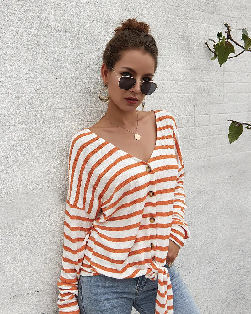 Women V-Collar Single Breasted Stripe Long Sleeve Sweater Cardigan Shirt