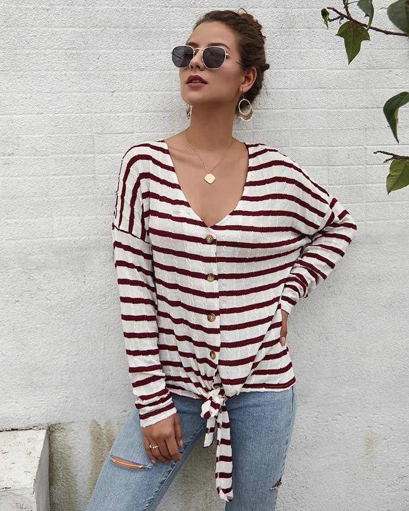Women V-Collar Single Breasted Stripe Long Sleeve Sweater Cardigan Shirt