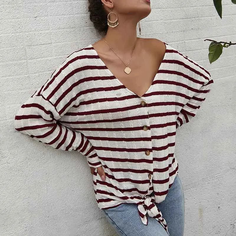 Women V-Collar Single Breasted Stripe Long Sleeve Sweater Cardigan Shirt