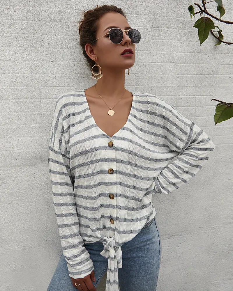 Women V-Collar Single Breasted Stripe Long Sleeve Sweater Cardigan Shirt