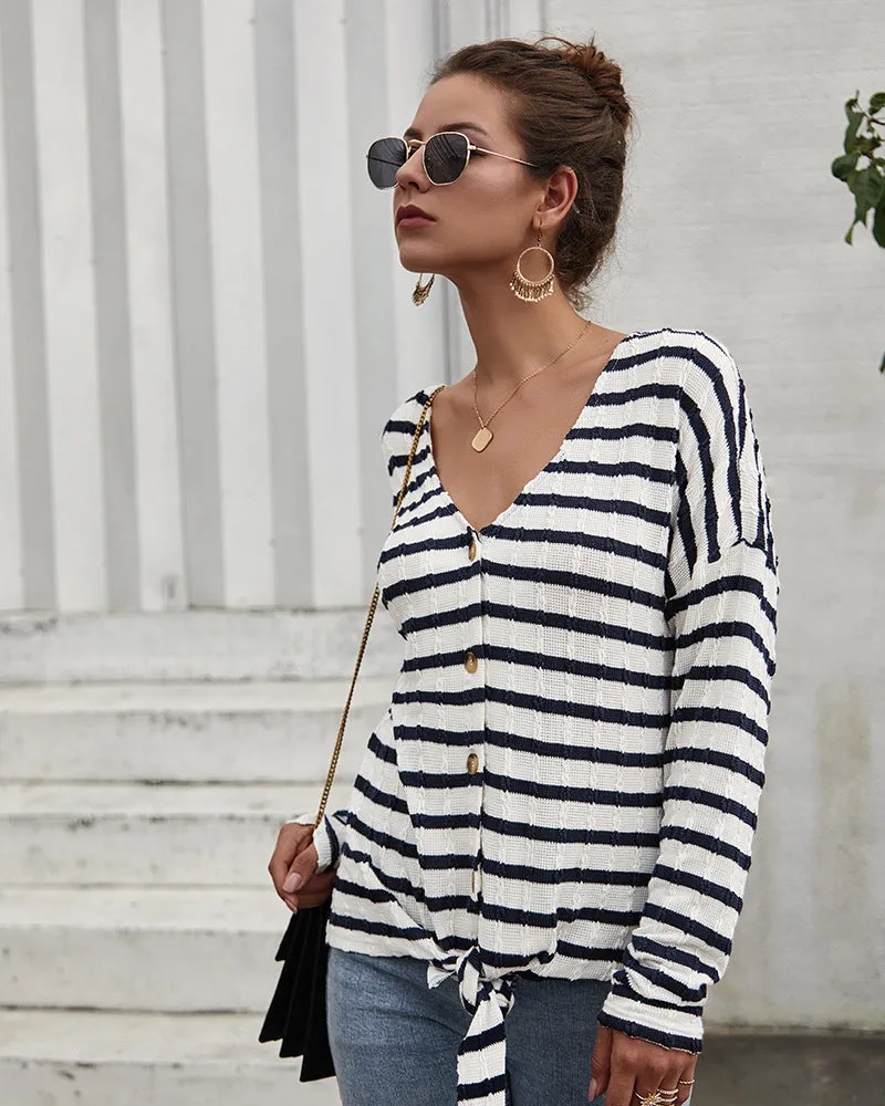 Women V-Collar Single Breasted Stripe Long Sleeve Sweater Cardigan Shirt