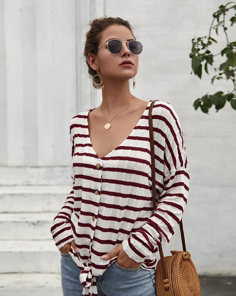 Women V-Collar Single Breasted Stripe Long Sleeve Sweater Cardigan Shirt