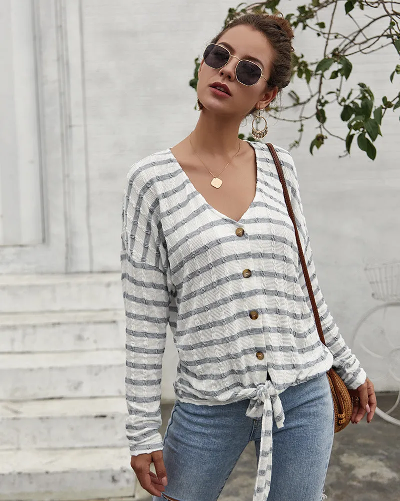 Women V-Collar Single Breasted Stripe Long Sleeve Sweater Cardigan Shirt