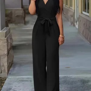 Women V-neck Jumpsuit, Elegant Sleeveless Straight Leg Jumpsuits