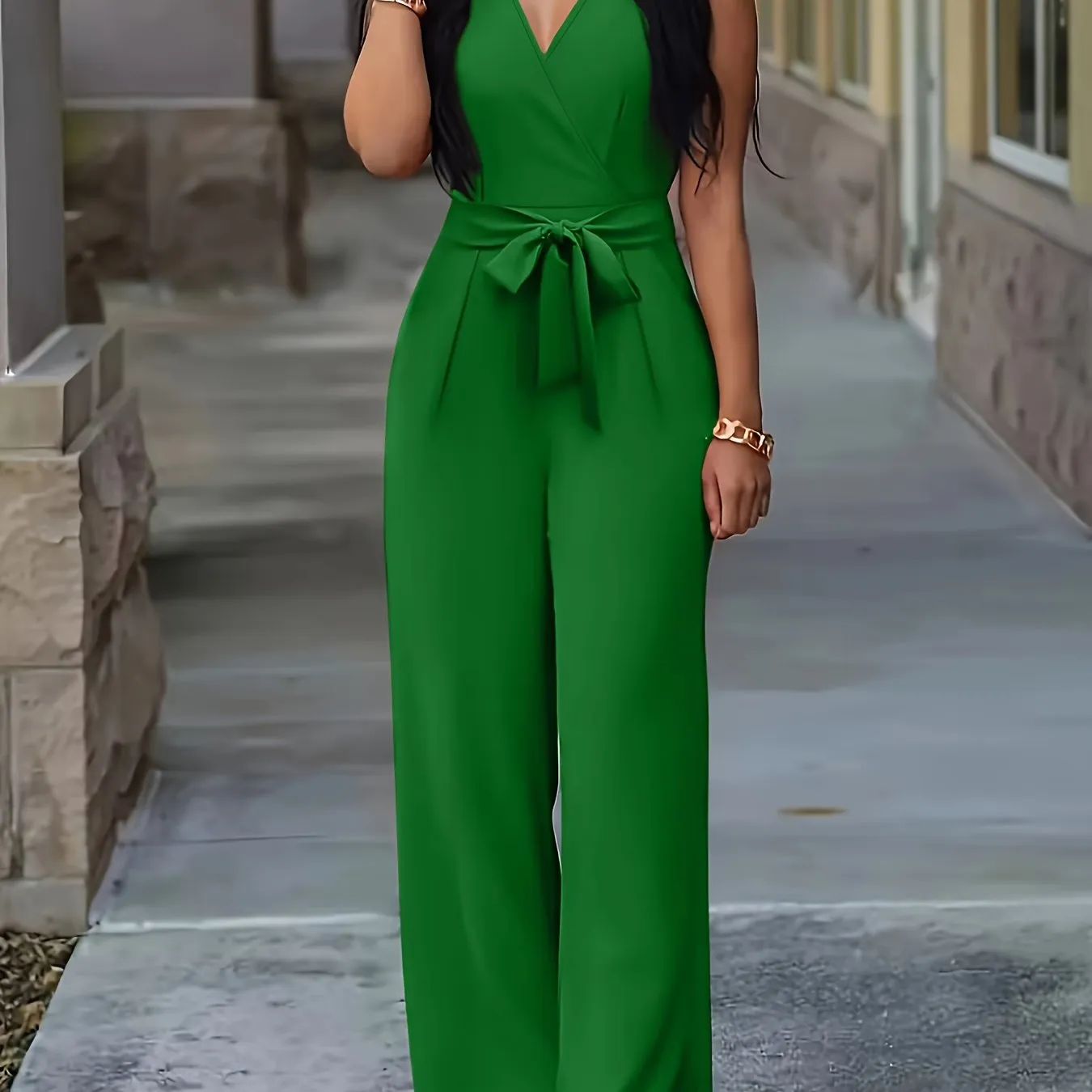 Women V-neck Jumpsuit, Elegant Sleeveless Straight Leg Jumpsuits