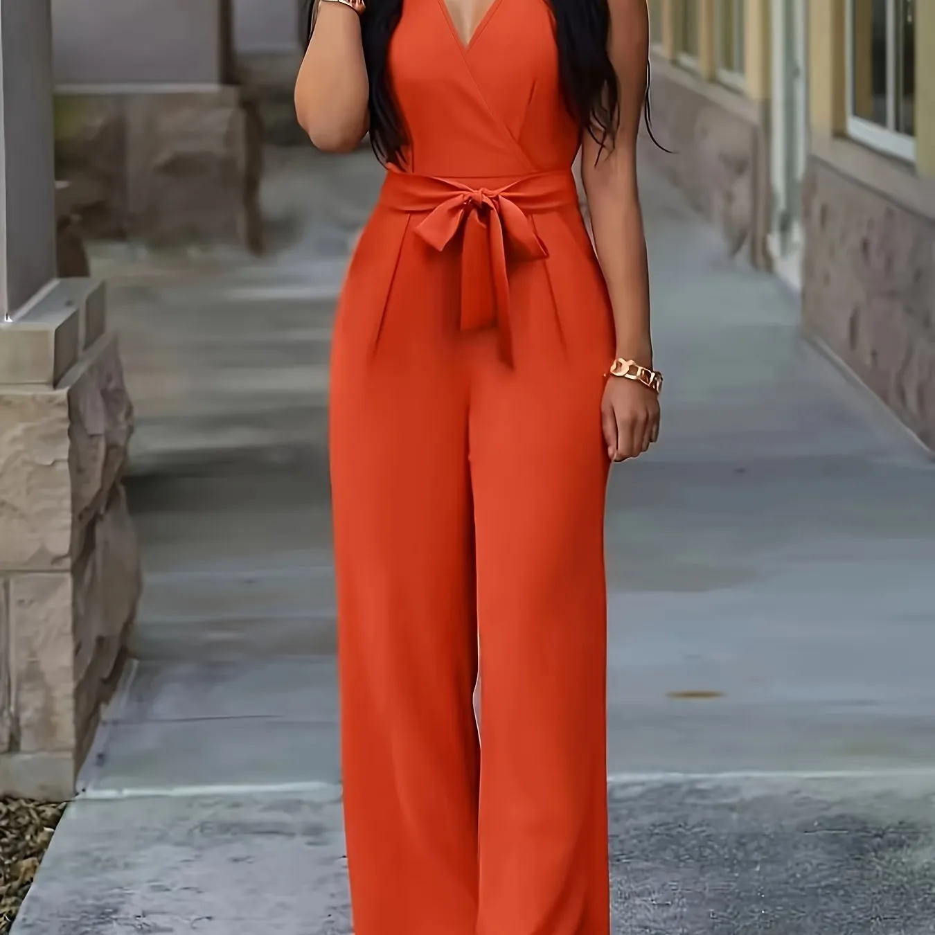Women V-neck Jumpsuit, Elegant Sleeveless Straight Leg Jumpsuits