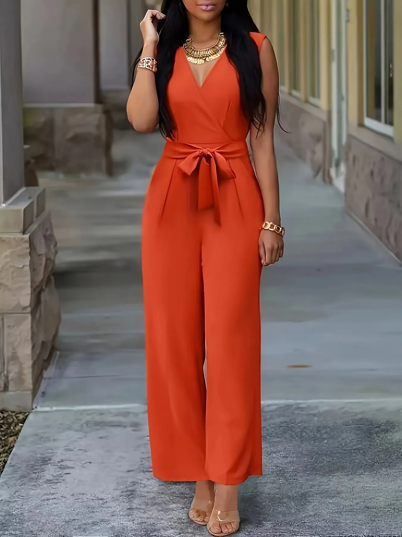 Women V-neck Jumpsuit, Elegant Sleeveless Straight Leg Jumpsuits