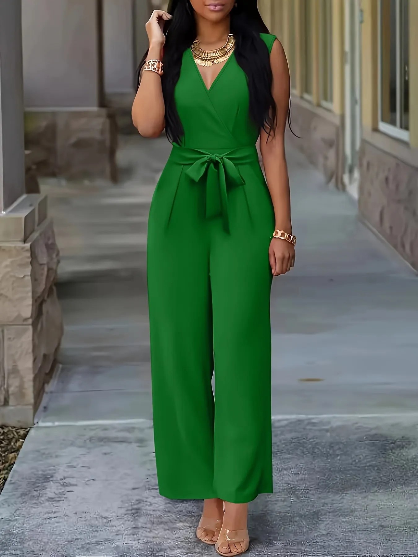 Women V-neck Jumpsuit, Elegant Sleeveless Straight Leg Jumpsuits