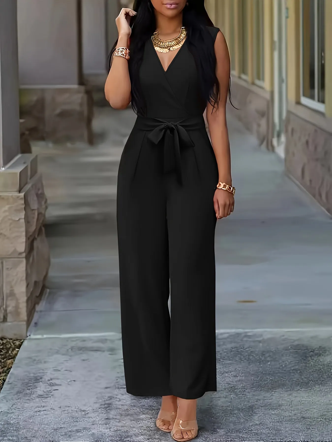 Women V-neck Jumpsuit, Elegant Sleeveless Straight Leg Jumpsuits