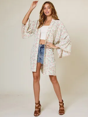 WOMEN'S 3/4 DRAPE SLEEVE FLORAL SELF TIE KIMONO