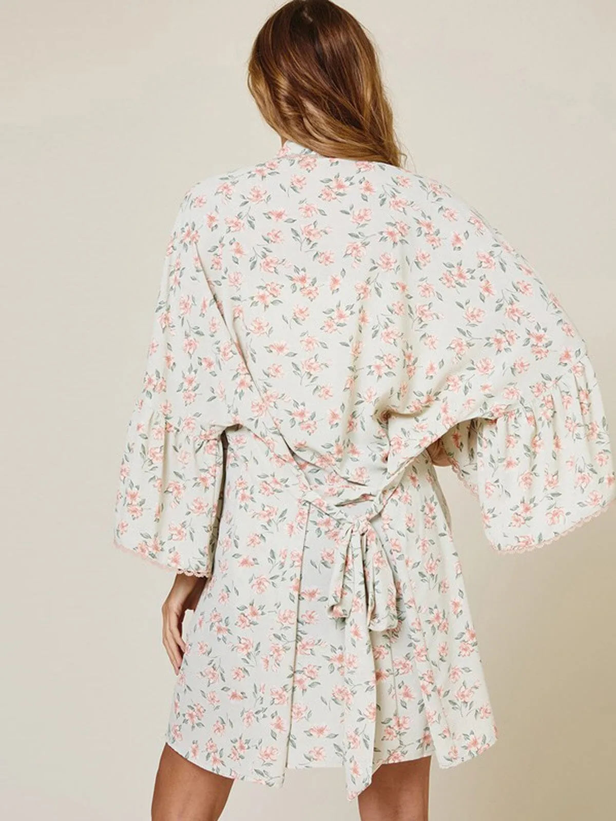 WOMEN'S 3/4 DRAPE SLEEVE FLORAL SELF TIE KIMONO