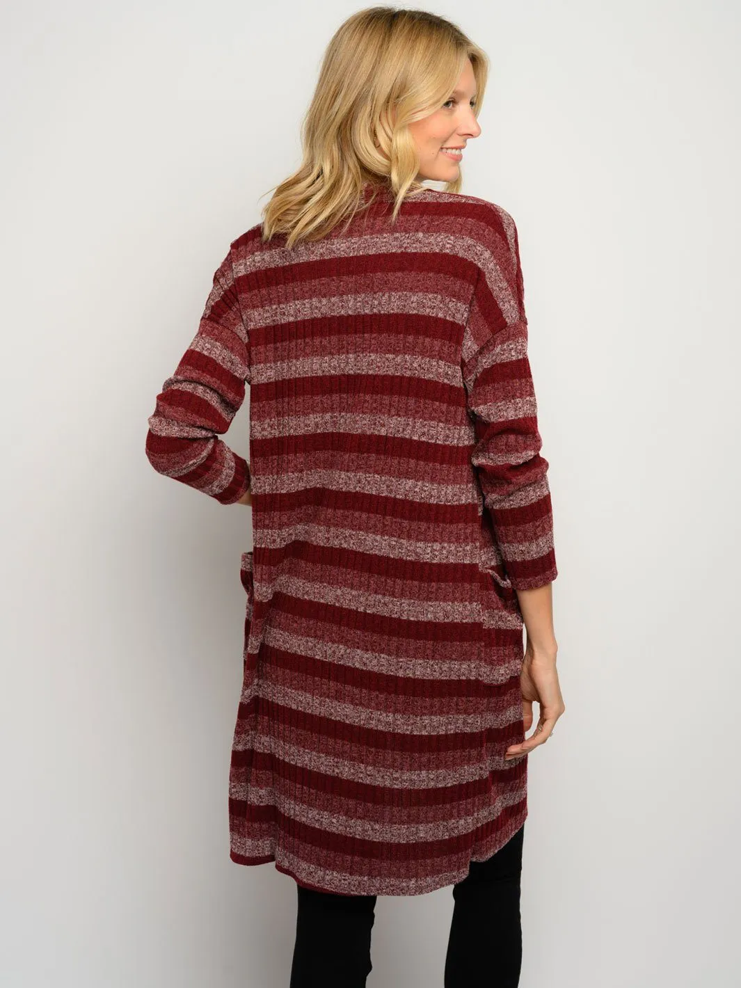WOMEN'S 3/4 SLEEVES STRIPES POCKET LONG CARDIGAN