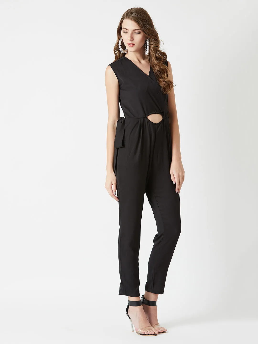 Women's Black V-Neck Sleeveless Solid Belted Cut-out Tie-Up Wrap Jumpsuit