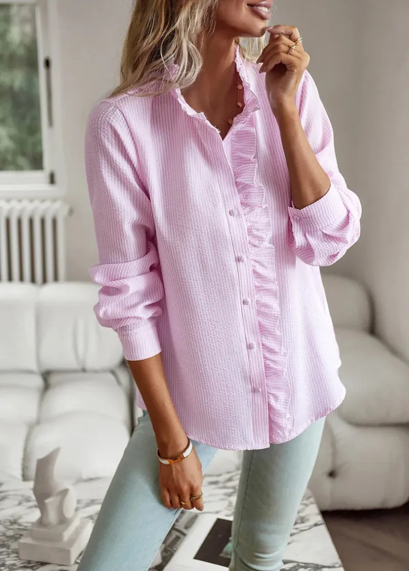 Women's Blouse – Ruffled Button-Up – Lightweight Knit – Elegant Casual – Soft Texture