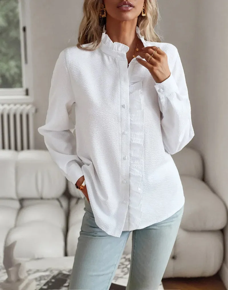 Women's Blouse – Ruffled Button-Up – Lightweight Knit – Elegant Casual – Soft Texture
