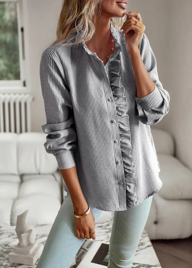 Women's Blouse – Ruffled Button-Up – Lightweight Knit – Elegant Casual – Soft Texture
