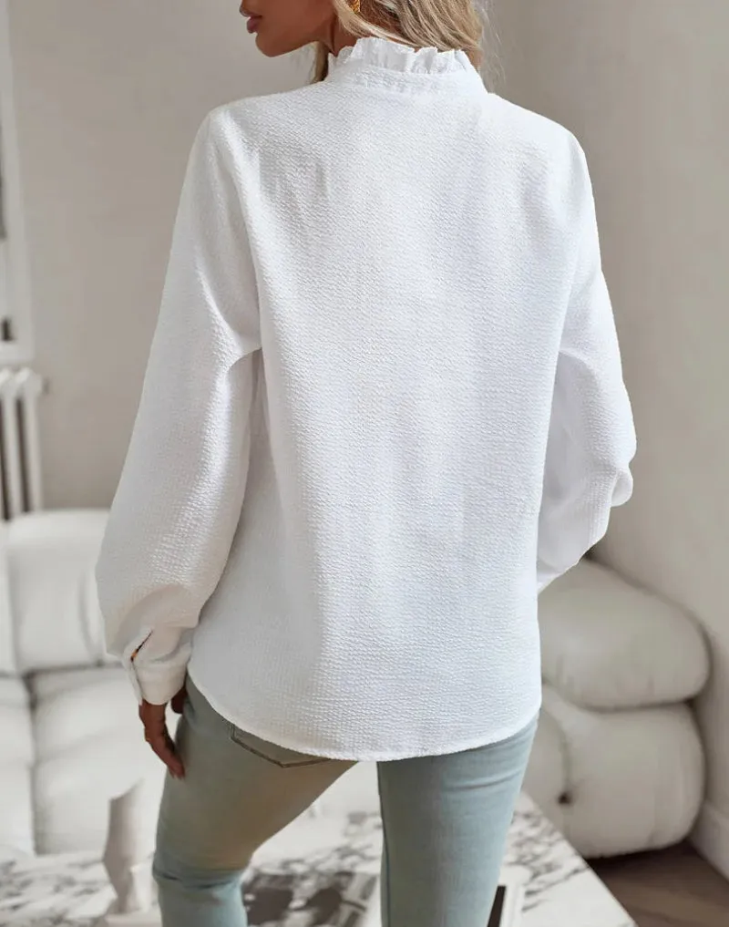 Women's Blouse – Ruffled Button-Up – Lightweight Knit – Elegant Casual – Soft Texture
