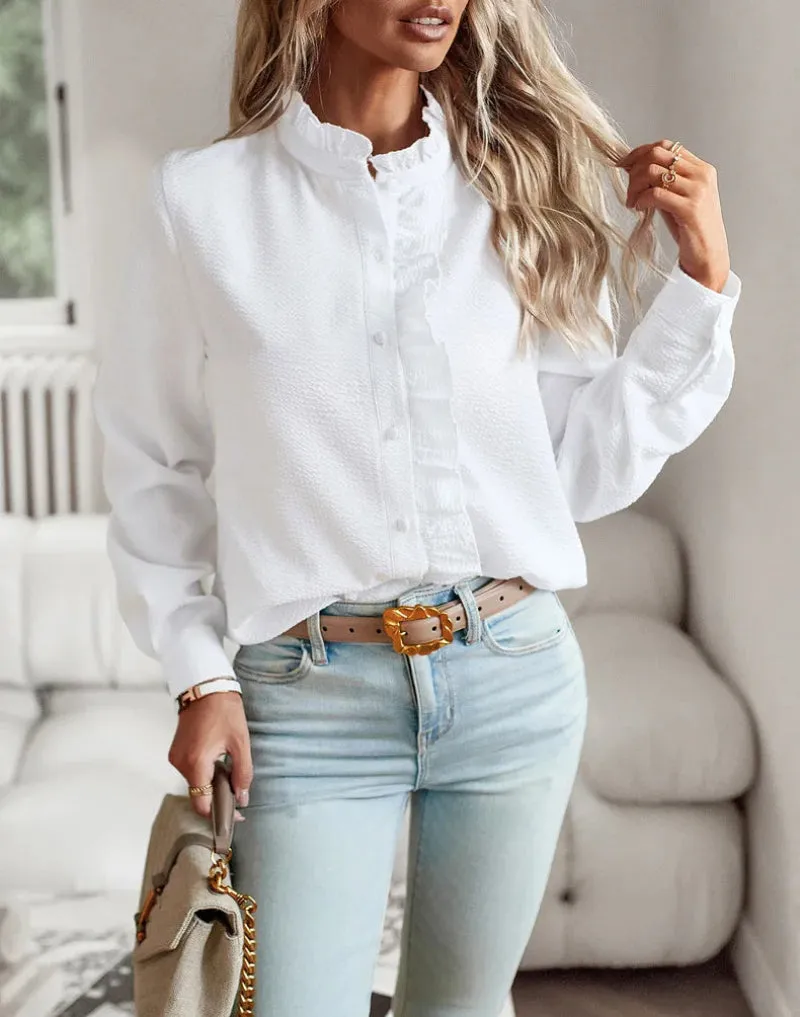 Women's Blouse – Ruffled Button-Up – Lightweight Knit – Elegant Casual – Soft Texture