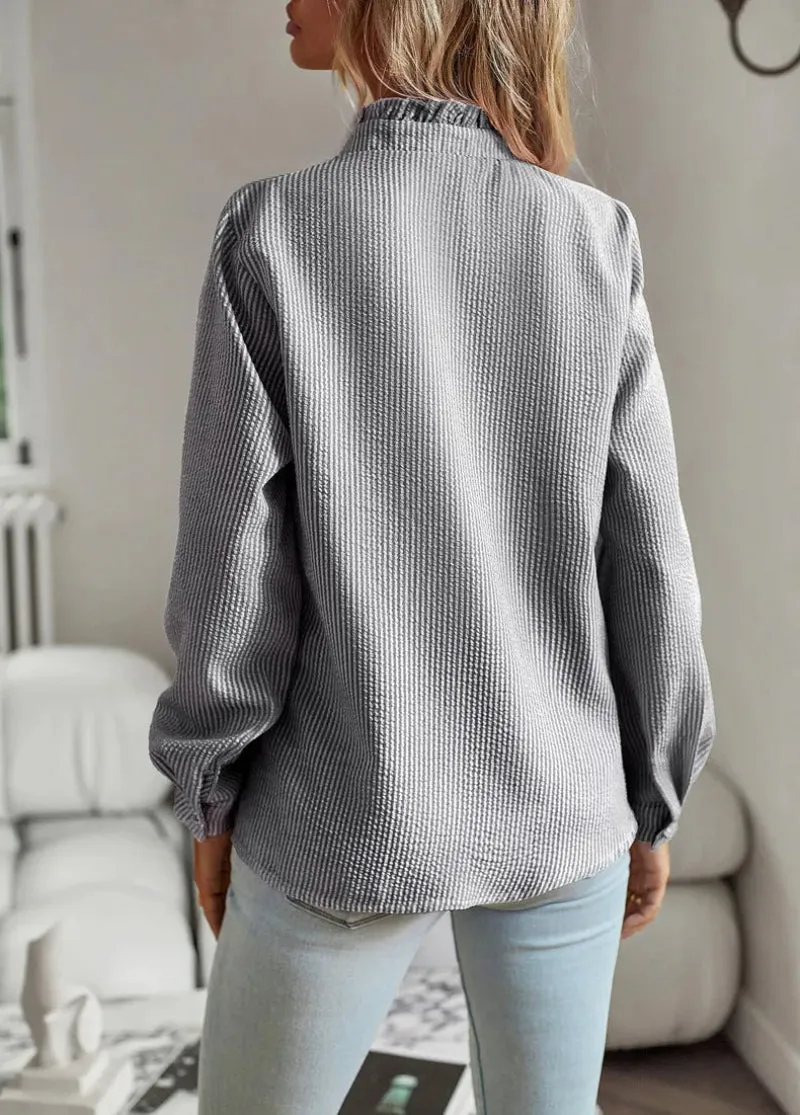 Women's Blouse – Ruffled Button-Up – Lightweight Knit – Elegant Casual – Soft Texture