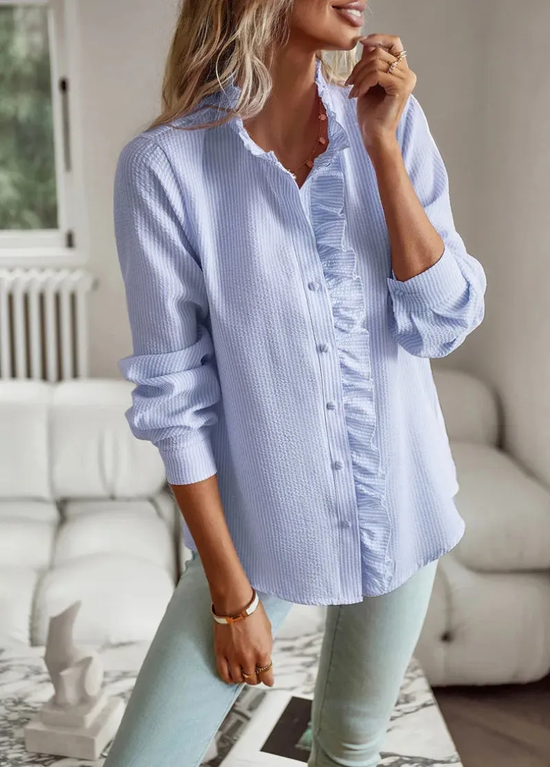 Women's Blouse – Ruffled Button-Up – Lightweight Knit – Elegant Casual – Soft Texture