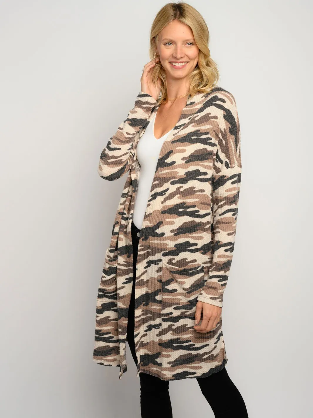 WOMEN'S CAMO PRINT LONG SLEEVE CARDIGAN