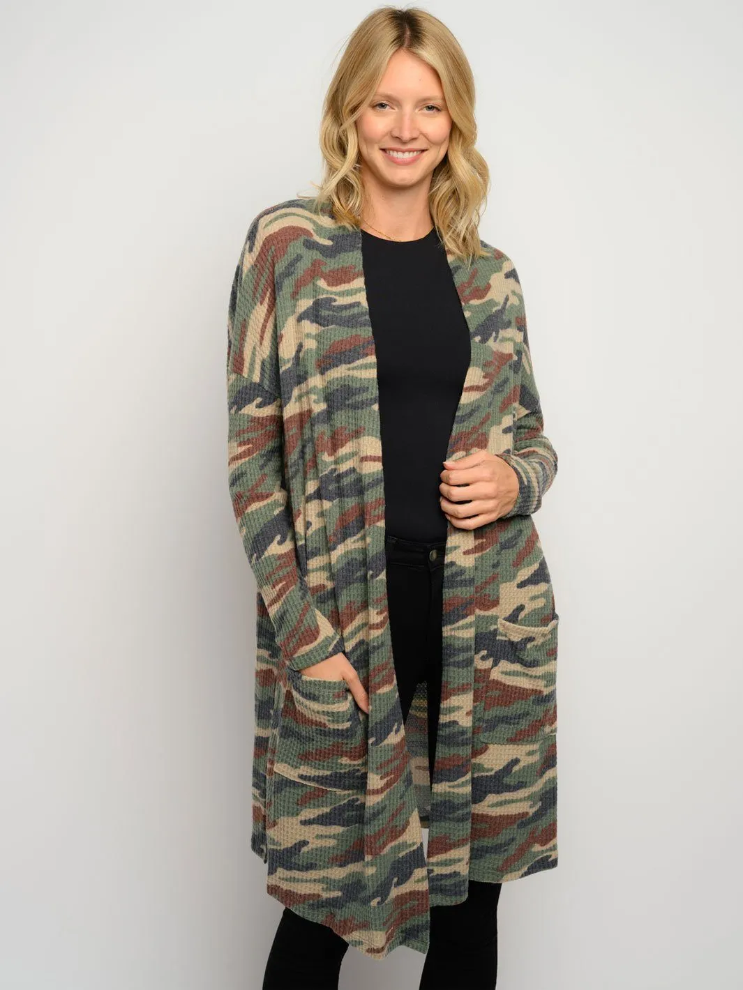 WOMEN'S CAMO PRINT LONG SLEEVE CARDIGAN