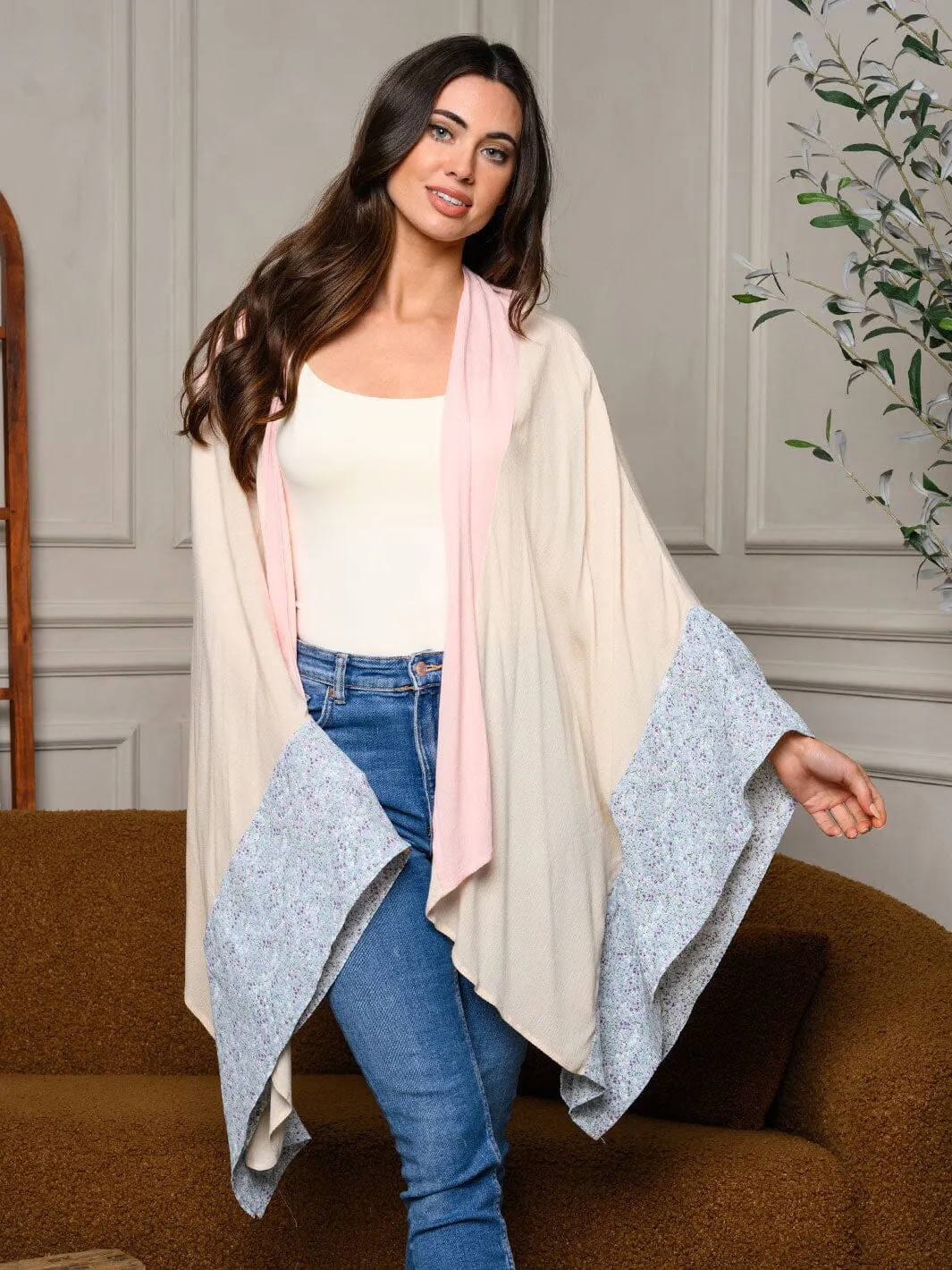 WOMEN'S COLORBLOCK WITH FLORAL SLEEVES KIMONO