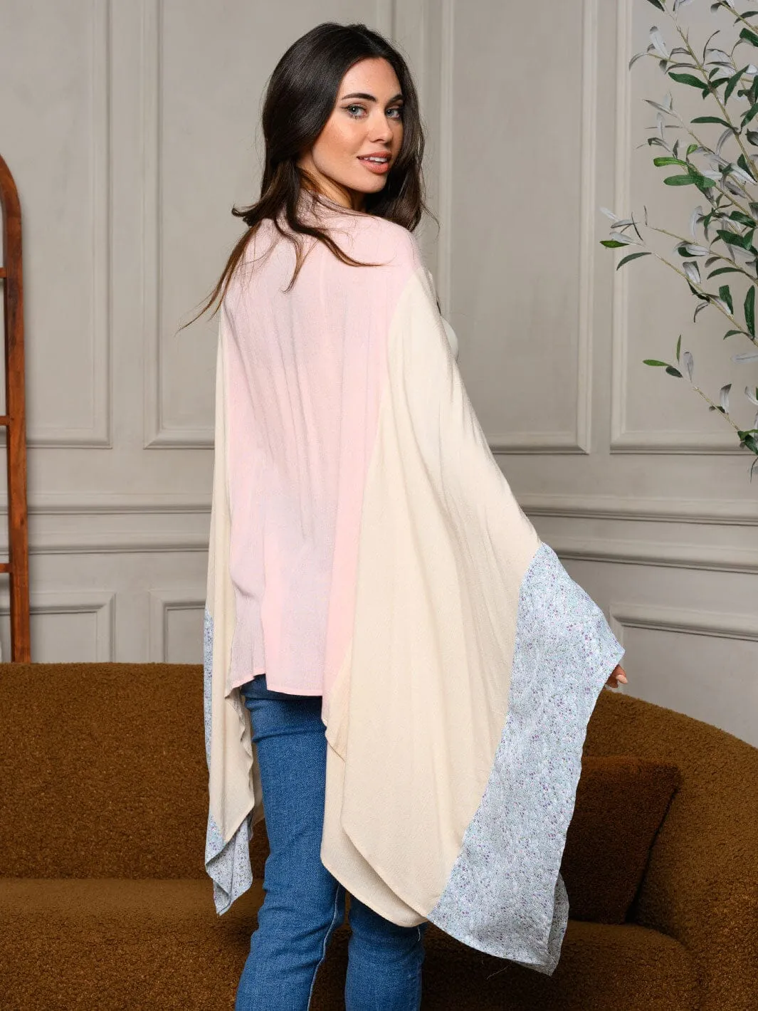 WOMEN'S COLORBLOCK WITH FLORAL SLEEVES KIMONO