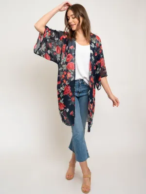 WOMEN'S FLORAL 3/4 SLEEVES LONG KIMONO