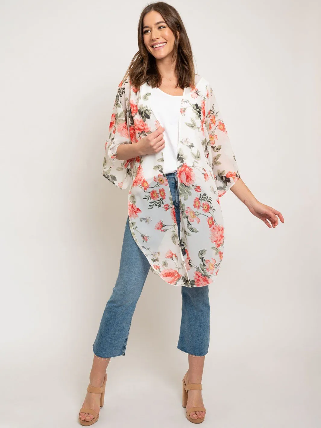 WOMEN'S FLORAL 3/4 SLEEVES LONG KIMONO