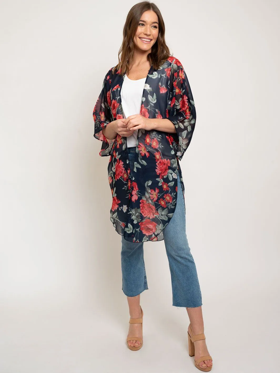 WOMEN'S FLORAL 3/4 SLEEVES LONG KIMONO