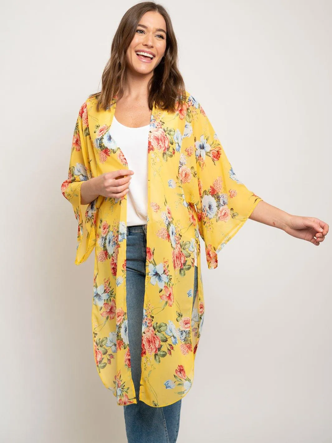 WOMEN'S FLORAL 3/4 SLEEVES LONG KIMONO