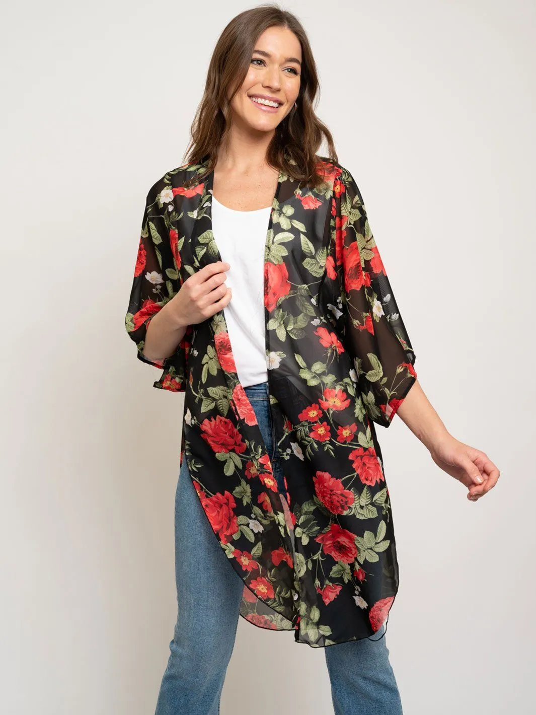 WOMEN'S FLORAL 3/4 SLEEVES LONG KIMONO