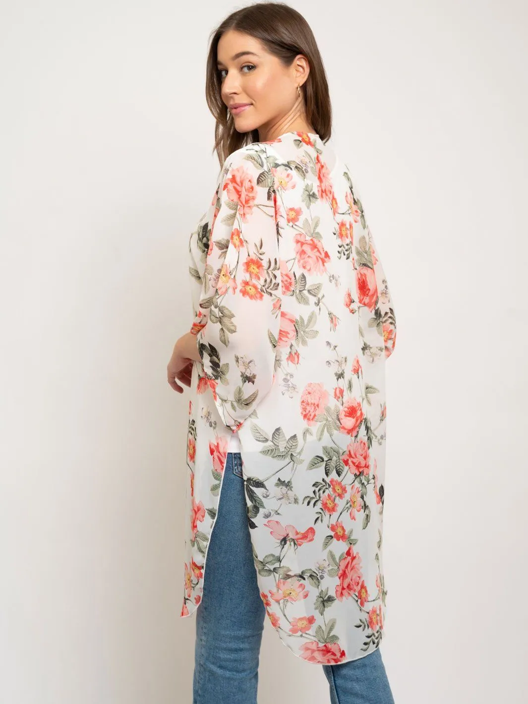 WOMEN'S FLORAL 3/4 SLEEVES LONG KIMONO