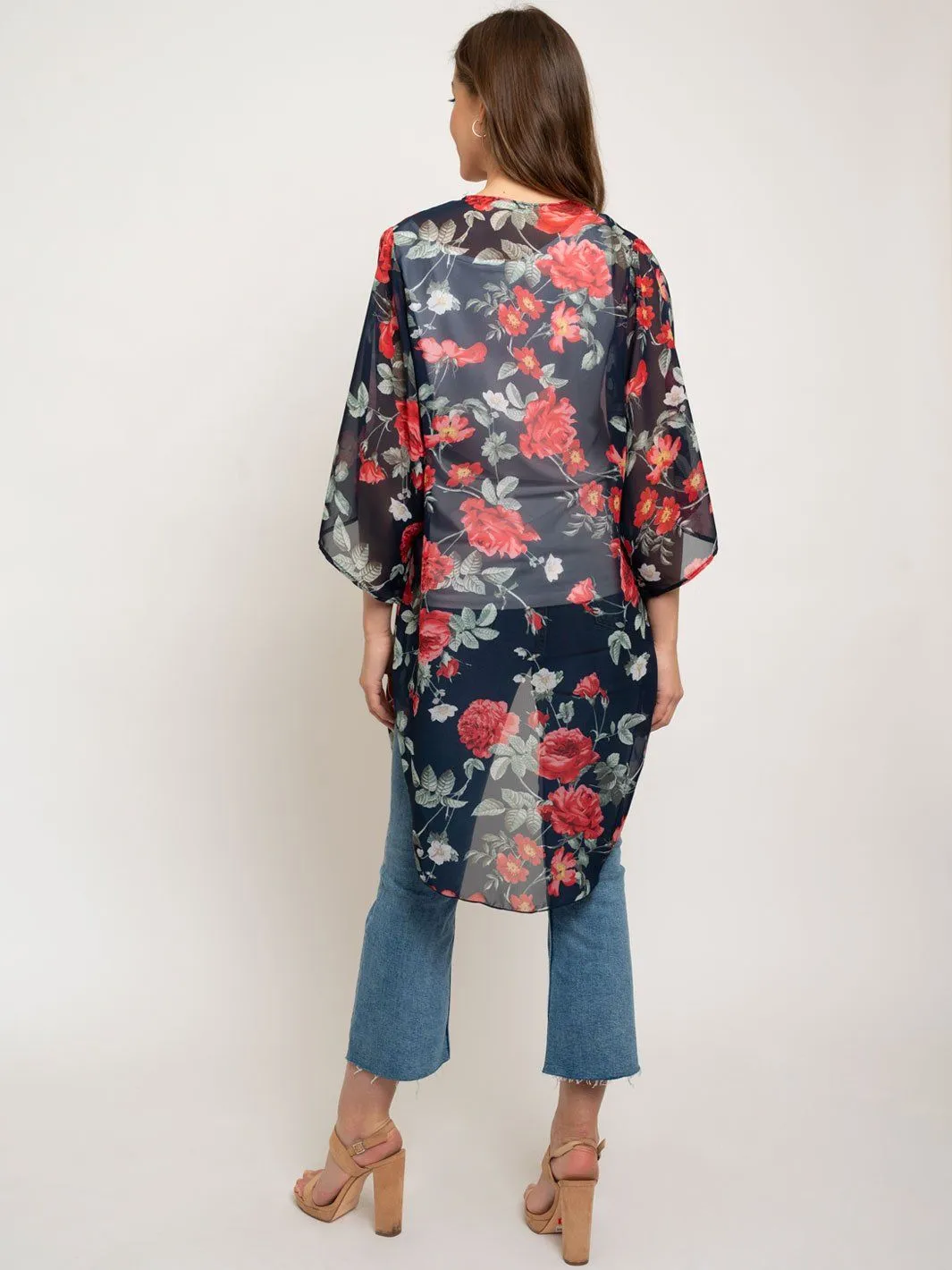 WOMEN'S FLORAL 3/4 SLEEVES LONG KIMONO