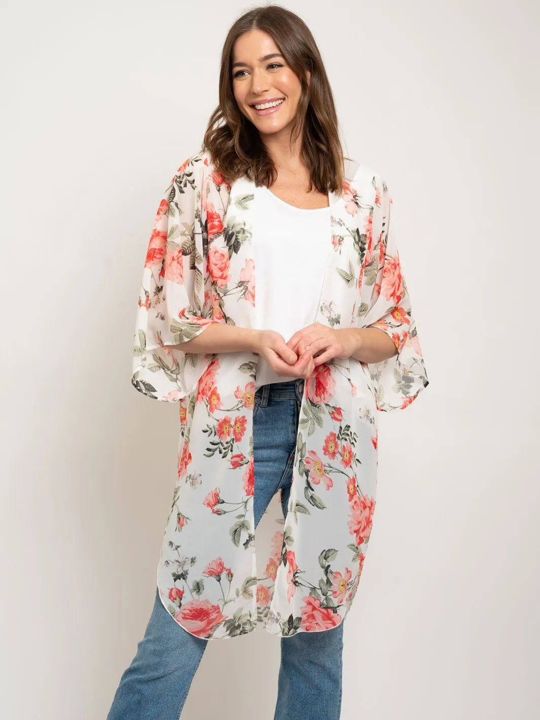 WOMEN'S FLORAL 3/4 SLEEVES LONG KIMONO