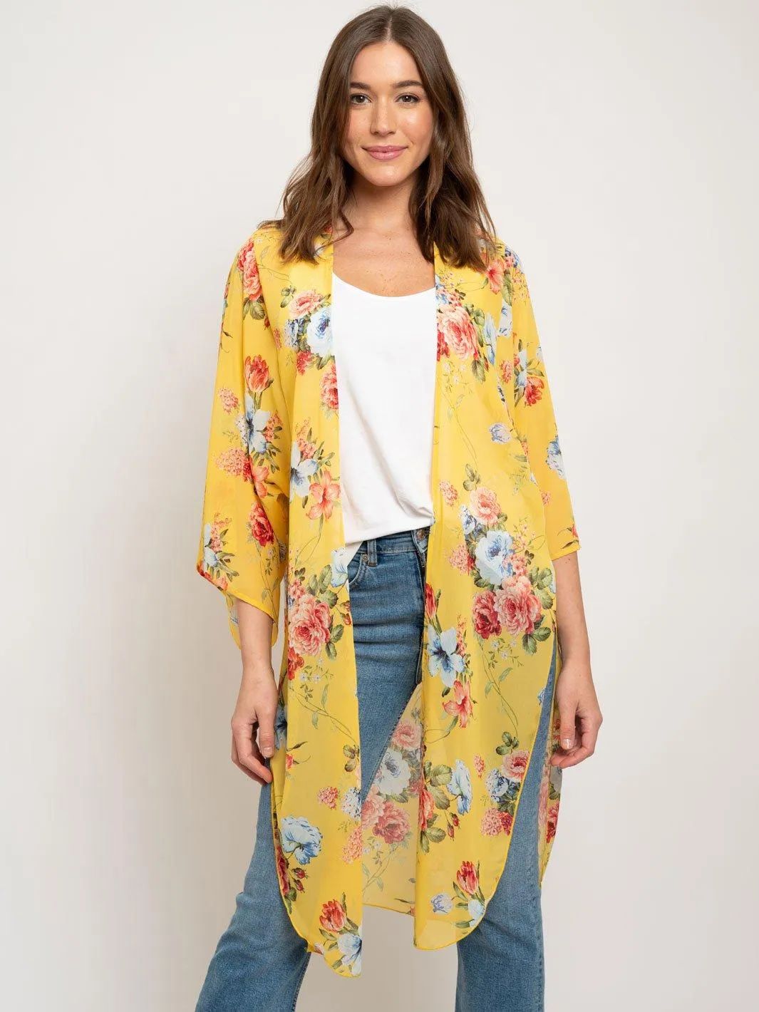 WOMEN'S FLORAL 3/4 SLEEVES LONG KIMONO